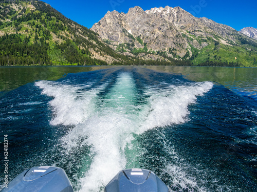 Power boat trip accross Jenny Lake in Grand Teton National Park, Wyoming