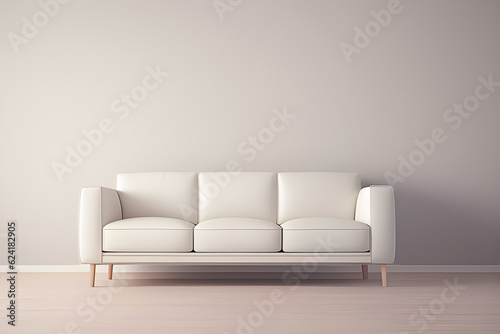 A minimalist living room featuring a white sofa. Empty white flat wall for mockup. Interior design in 3d render style.