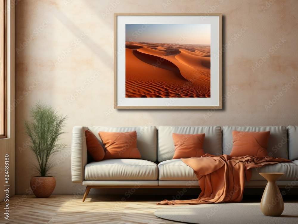 Desert Elegance: AI-Generated Mockup of Minimalist Interior with E-Frame and Wall Art