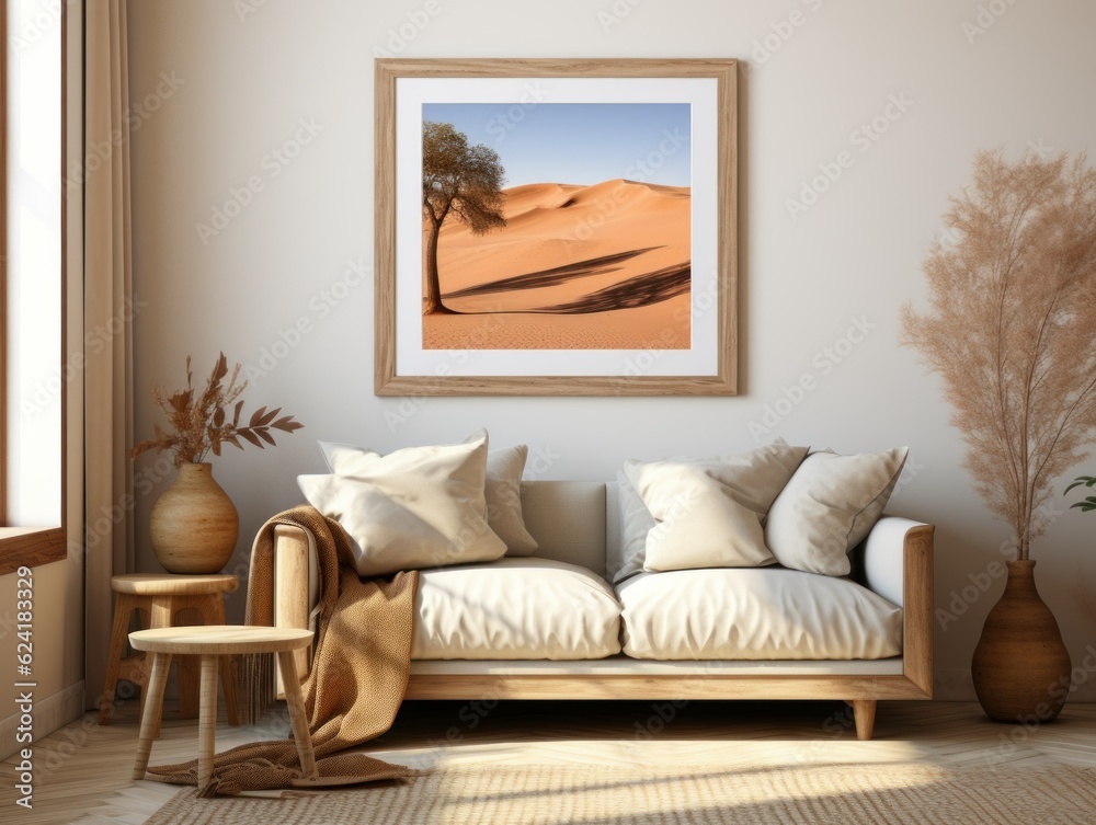 Fototapeta premium Desert Elegance: AI-Generated Mockup of Minimalist Interior with E-Frame and Wall Art