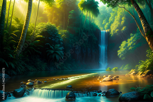 A tropical forest landscape with a waterfall and a river during the morning.