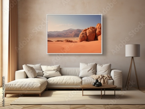 Desert Elegance  AI-Generated Mockup of Minimalist Interior with E-Frame and Wall Art