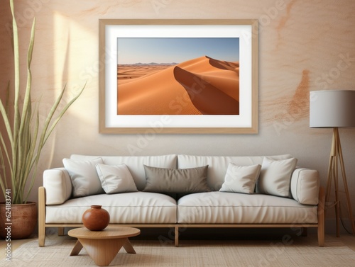 Desert Elegance: AI-Generated Mockup of Minimalist Interior with E-Frame and Wall Art