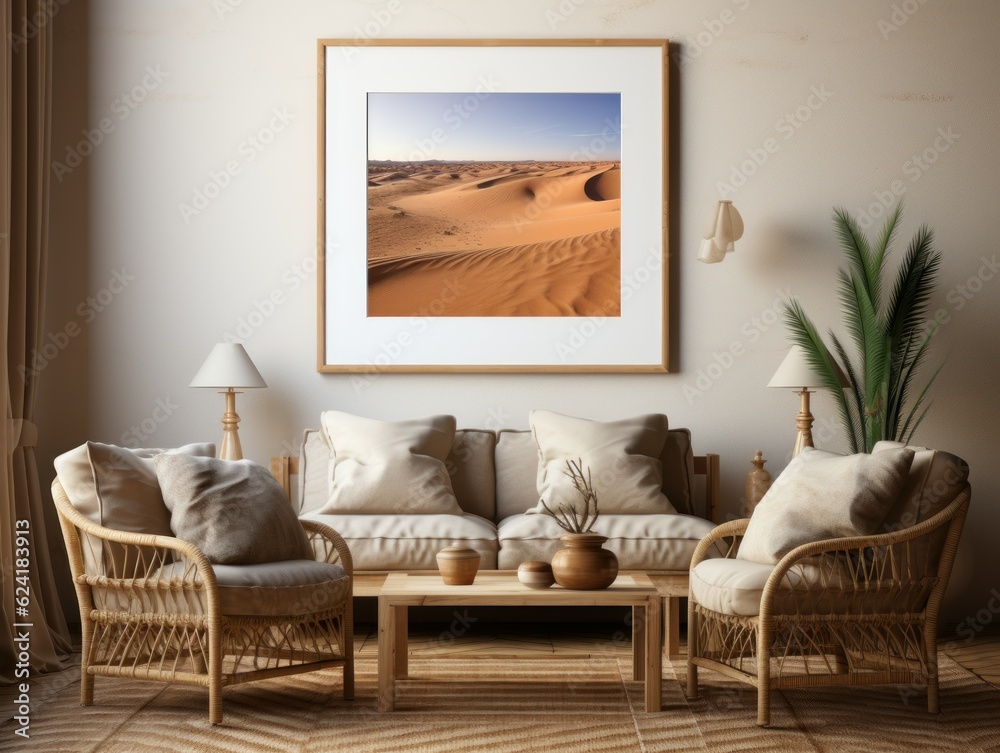 Fototapeta premium Desert Elegance: AI-Generated Mockup of Minimalist Interior with E-Frame and Wall Art