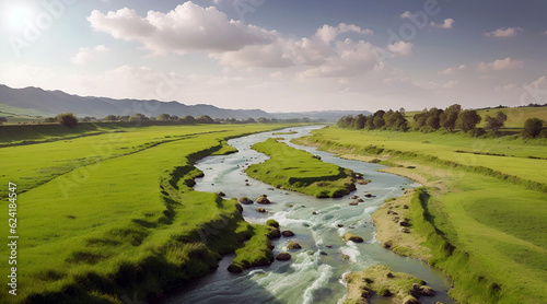 Receding river in a green meadow landscape