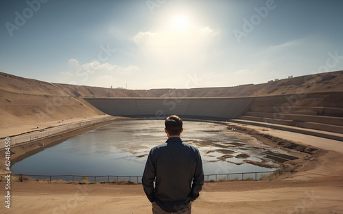 Man standing by a dry water reservoir in the desert  under the sun  water crisis 