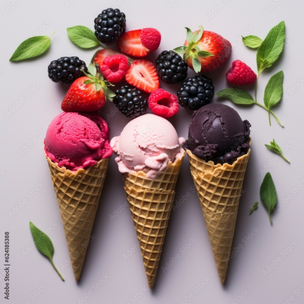 Top view on three different ice cream cones, berry and mint on a light purple table generative ai Top view on three different ice cream cones, berry and mint on a light purple table generative ai