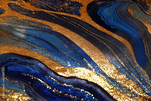 Blue and golden acrylic liquid ink swirl abstract background with ravishing turbulence wavy pattern and detailed texture. Luxury fluid liquid art by Generative AI.