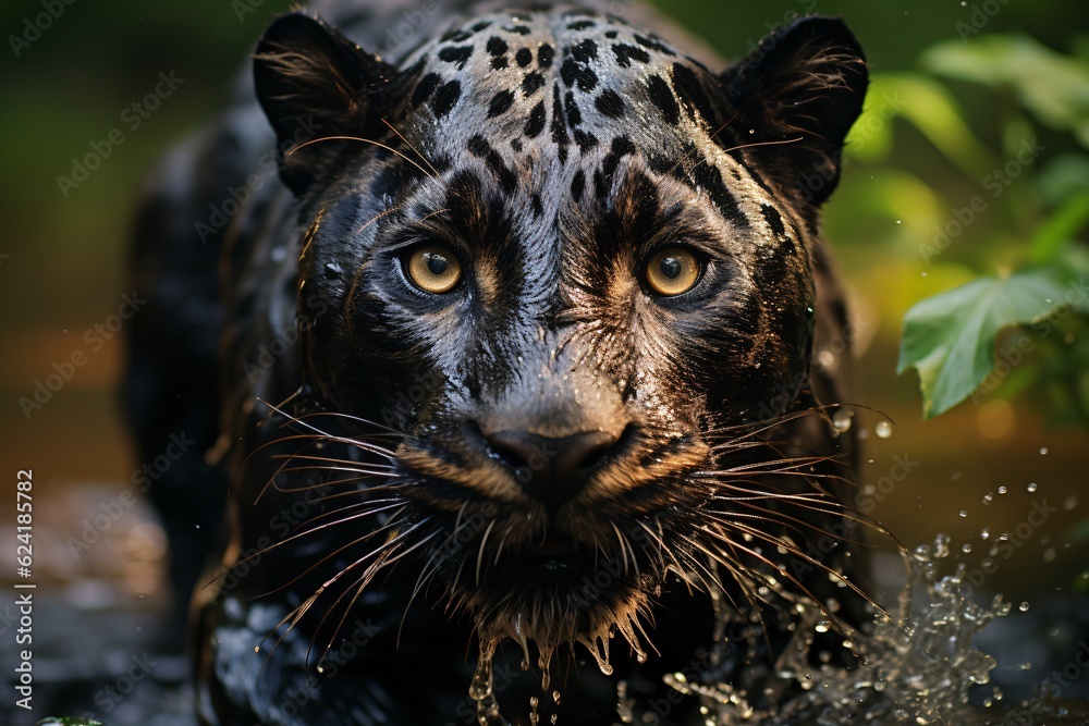 Majestic Panther jumps from water in jungle. Generative AI technology
