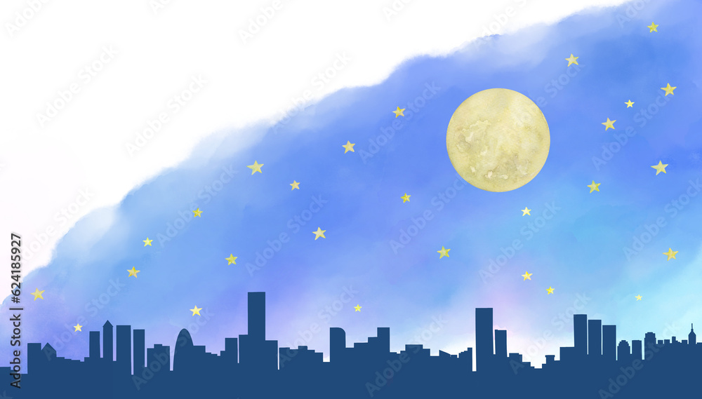大きな満月と星空をバックにした都会のビル群のシルエット。幻想的で美しい水彩イラスト。