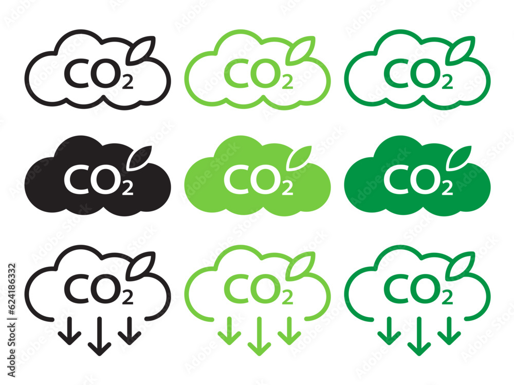 Reduce co2 gas icon set in green and black color. zero carbon emission