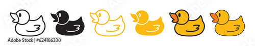 rubber duck vector icon set in black and yellow color. plastic toy duck pictogram in fill and outline style. photo