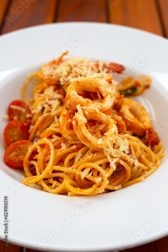 Spaghetti carbonara with seafood. Italian pasta dishes