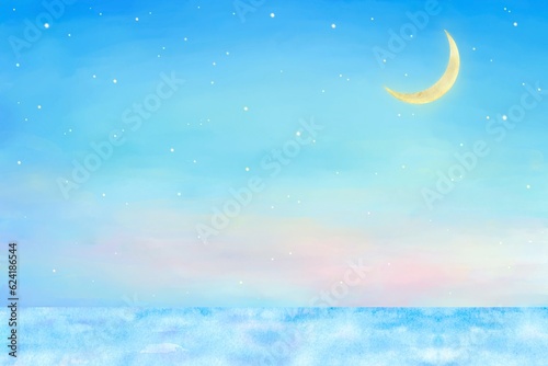 夕暮れ空の大きな三日月と揺らめく海の幻想的な水彩イラスト。