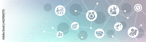 Leadership vector illustration. Banner with icons related to coaching, support or guidance by a mentor, assistance & support, empowerment, motivation & encouragement, trust & cooperation, management.