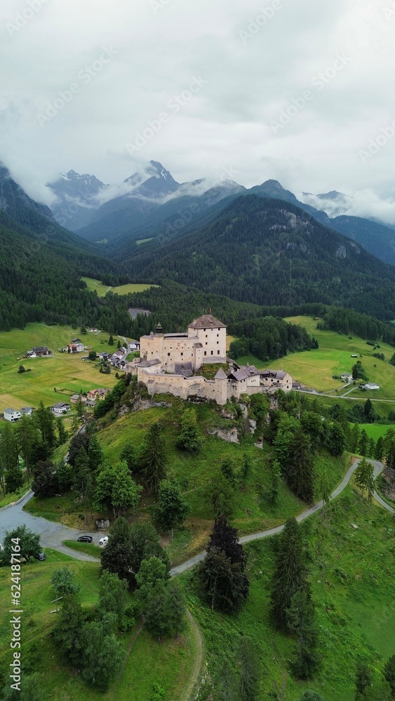 drone photo Tarasp Castle, schloss tarasp Switzerland europe