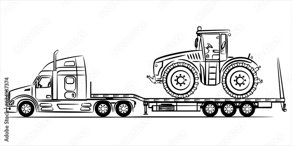 American Flatbed trailer truck abstract silhouette on white background