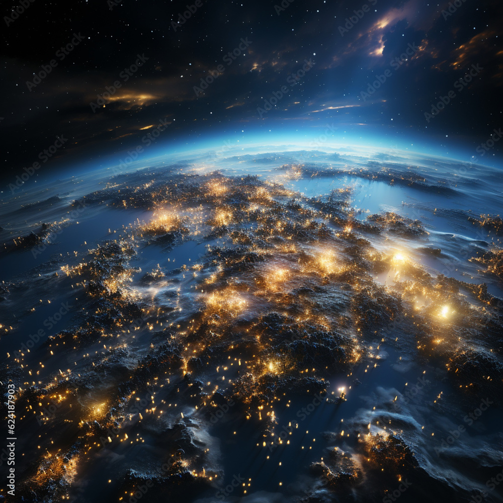 Fototapeta premium the earth seen from space, light reflections and flashes form a spatial atmosphere Generative AI