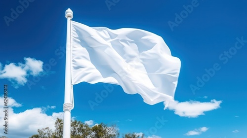 white waving flag against a blue sky with clouds. Generative AI