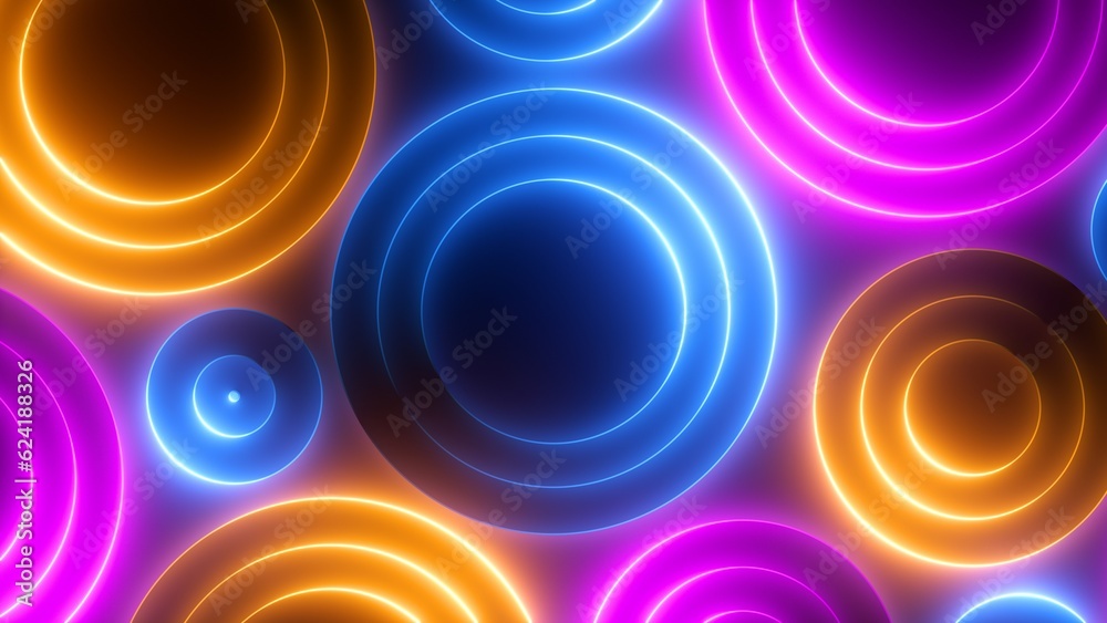3d render, abstract geometric background. Neon circles, pink blue yellow glowing round shapes and lines. Minimalist futuristic wallpaper 3d render, abstract geometric background. Neon circles, pink blue yellow glowing round shapes and lines. Minimalist futuristic wallpaper