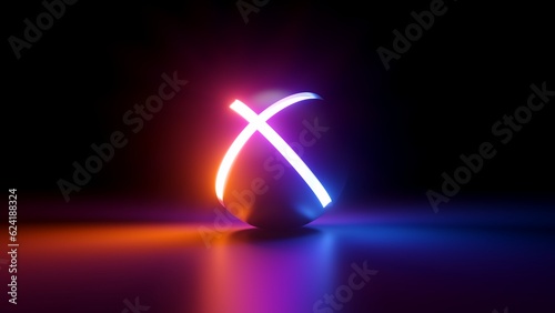 3d render, abstract neon background. Ball with glowing cross symbol inside the dark room. Virtual reality. Futuristic minimalist wallpaper