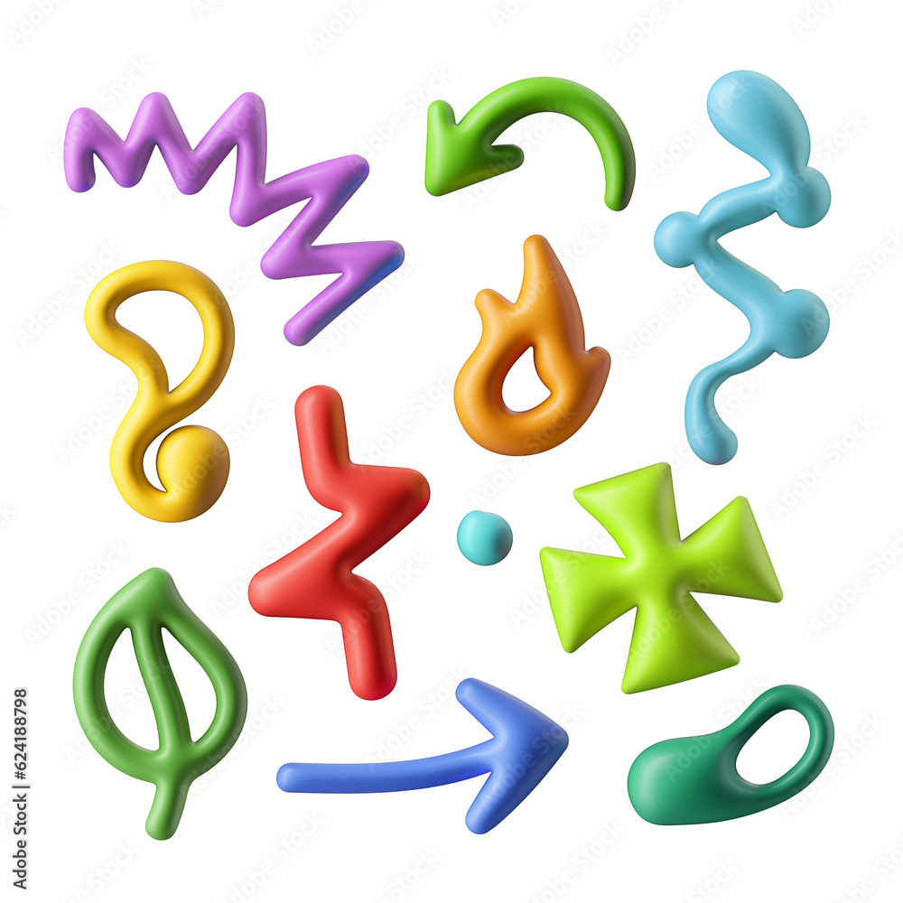 3d render, abstract colorful volumetric doodles. Surreal geometric shapes clip art set, assorted design elements isolated on white background 3d render, abstract colorful volumetric doodles. Surreal geometric shapes clip art set, assorted design elements isolated on white background