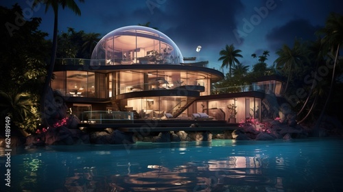 Incredibly Huge Mansion over a Coast near the Ocean. Futuristic