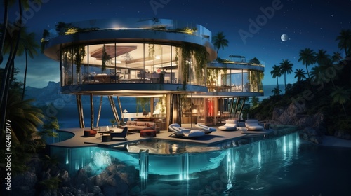 Incredibly Huge Mansion over a Coast near the Ocean. Futuristic