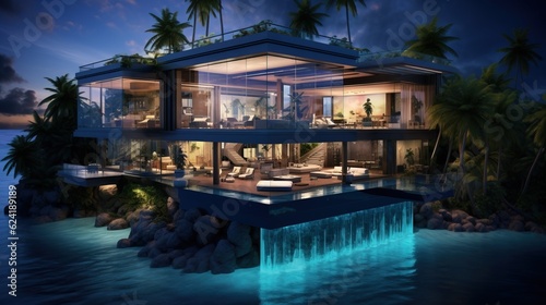 Incredibly Huge Mansion over a Coast near the Ocean. Futuristic