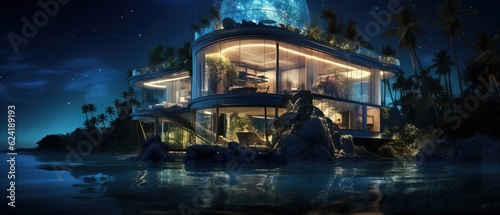 Incredibly Huge Mansion over a Coast near the Ocean. Futuristic