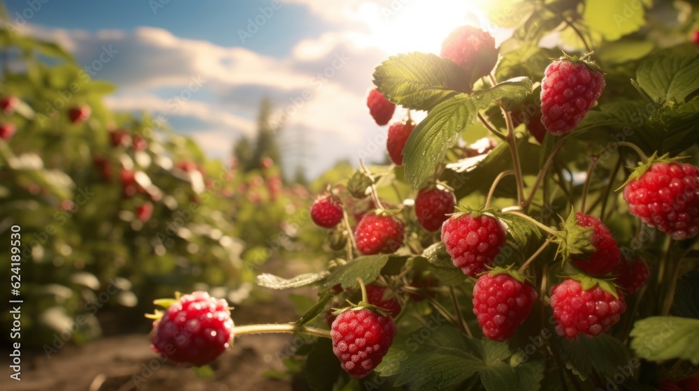 Fresh, juicy, ripe raspberries. In field. AI generation.