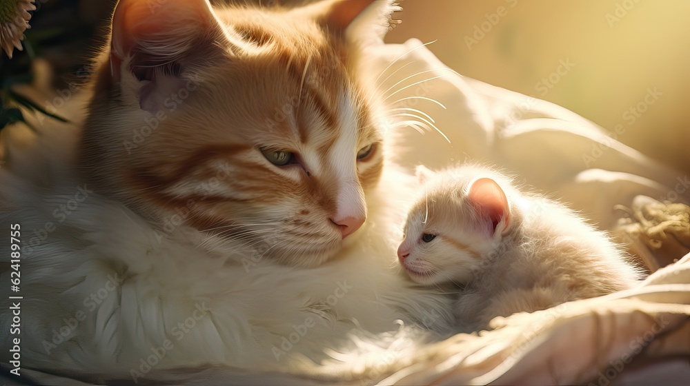 An image of a happy feline mother with her kitten, creating a tender scene. Generative AI.