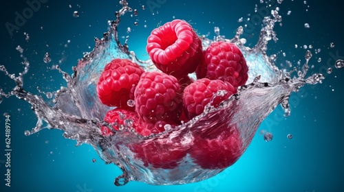 Fresh, juicy, ripe raspberries. In the lists of flying water. On a blue background. AI generation.