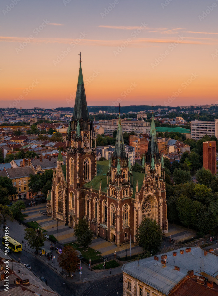 Aerial veiw on Elizabeth church in Lviv at sunset. Ukraine