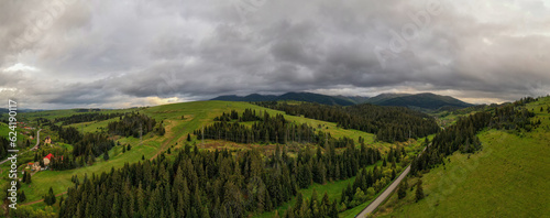 Aerial view of the endless lush pastures of the Carpathian expanses and agricultural land. Rural mountain landscape, drone panoramic picture. Ukraine. © Сергій Вовк