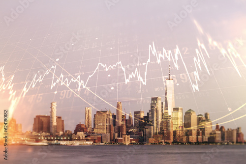 Abstract virtual financial graph hologram on New York skyline background, forex and investment concept. Multiexposure
