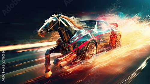 An image of an automobile speeding, making its horsepower visibly impressive. Generative AI.