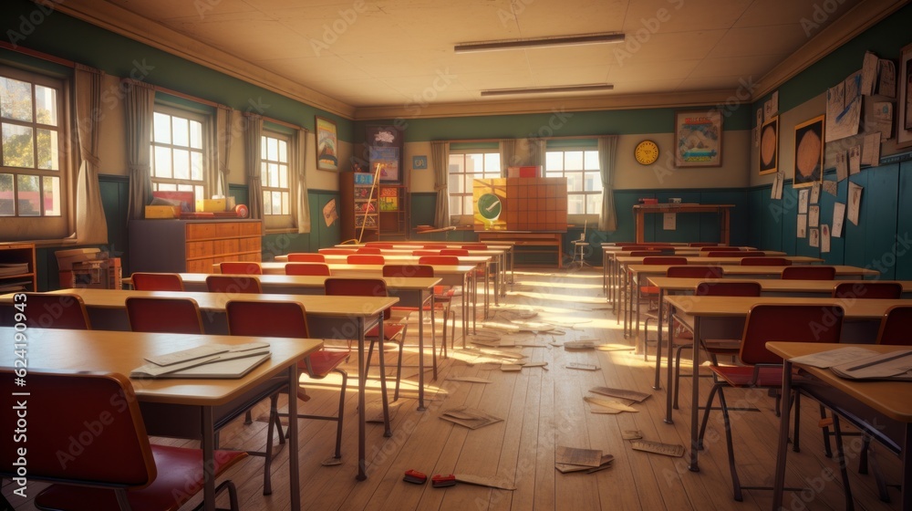 Empty school classroom in cartoon style. Education concept without students. Back to school design background.