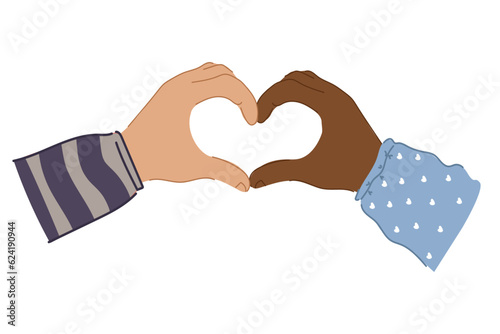 Two people of different race making heart sign with their hands.