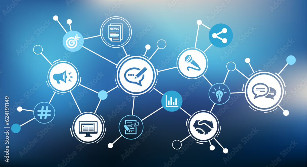 pr / public relations vector illustration. Blue concept with icons related to media relations, publicity, brand communication, media relation, content writing, journalism, press release, broadcasting. pr / public relations vector illustration. Blue concept with icons related to media relations, publicity, brand communication, media relation, content writing, journalism, press release, broadcasting.