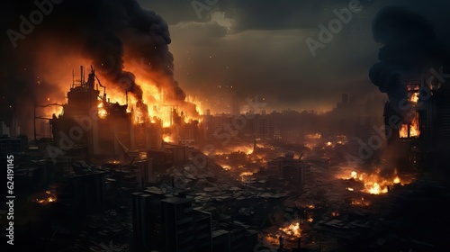 An image of a city covered in fire at night  reflecting a devastating scene. Generative AI.