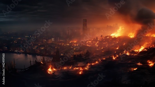 An image of a city covered in fire at night, reflecting a devastating scene. Generative AI.