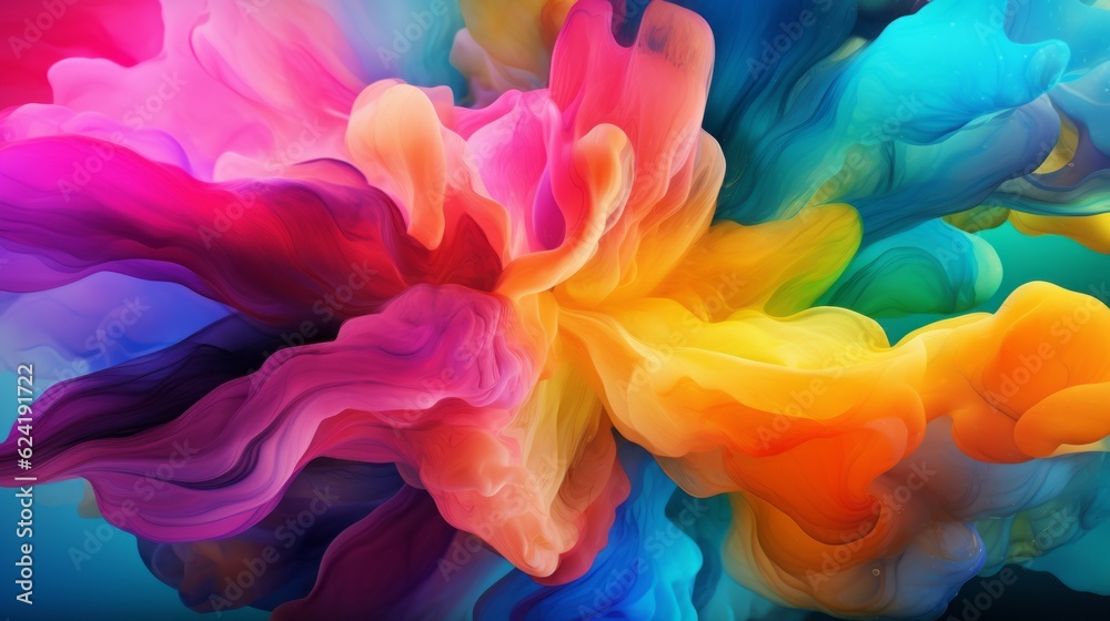 Colorful beautiful advertising background. Bold, bright colors. Smoke, waves, gradient. AI generation.