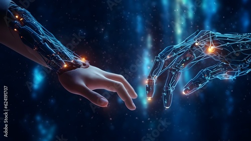 Illustration showcases the synergy between a robot and a human. AI Generative.