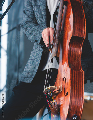 Canvas Print Concert view of a contrabass violoncello player with vocalist and musical rock b