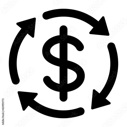 Black round money transfer processing line icon, simple arrow financial dollar mark sale flat design vector pictogram, infographic interface element for app logo web button ui ux