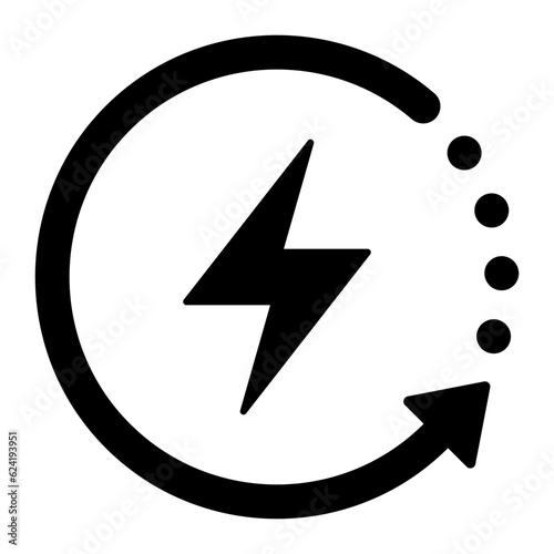 Black round recharging icon, simple energy arrow flat design vector pictogram, infographic for app logo web website button ui ux interface elements isolated on white background