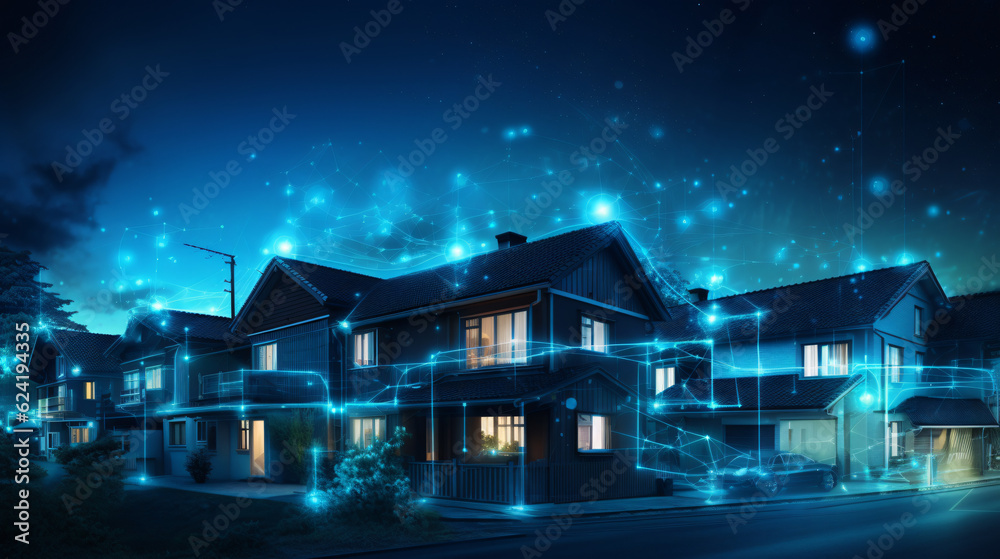 Digital community, smart homes and digital community. DX, Iot, digital network in society concept. suburban houses at night p2 Digital community, smart homes and digital community. DX, Iot, digital network in society concept. suburban houses at night p2