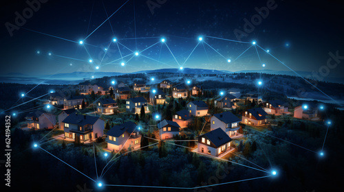 Digital community  smart homes and digital community. DX  Iot  digital network in society concept. suburban houses at night p3