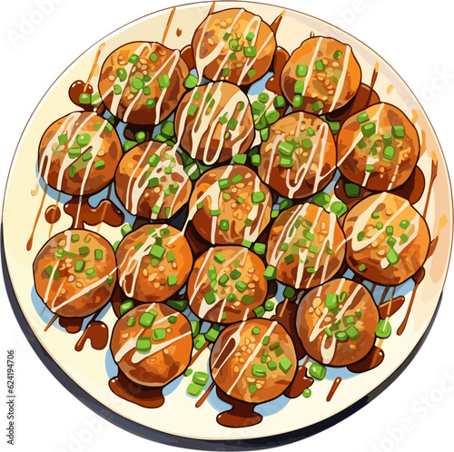 Tokoyaki balls on plate. Japanese food illustration.